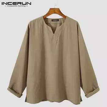 INCERUN Весенние мужские однотонные топы с длинным рукавом и V-образным вырезом