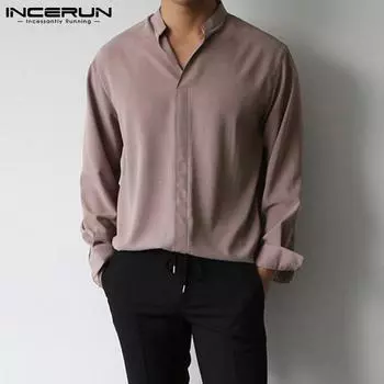 INCERUN Весенние мужские однотонные топы с V-образным вырезом и длинными рукавами 2XL чёрный