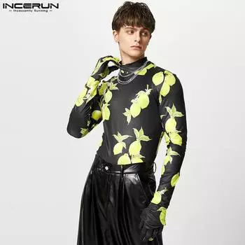 INCERUN Весенние мужские перчатки с принтом, рубашки с высоким воротником, облегающие топы
