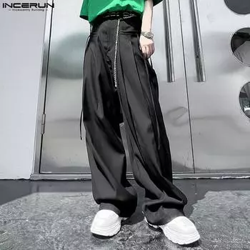 INCERUN Весенние мужские плиссированные свободные длинные брюки-карго с широкими штанинами