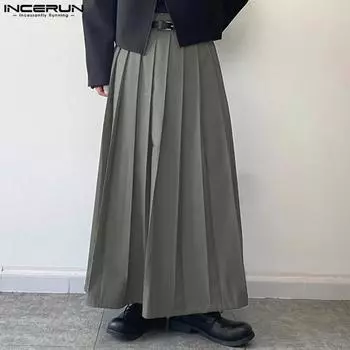 INCERUN Весенние мужские плиссированные свободные длинные юбки XL чёрный