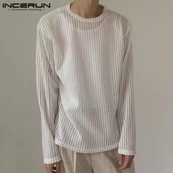 INCERUN Весенние мужские полосатые футболки из прозрачной сетки с длинными рукавами