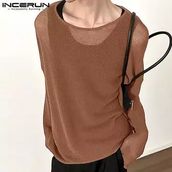 INCERUN Весенние мужские полые топы с длинными рукавами, повседневные прозрачные вязаные пуловеры S чёрный