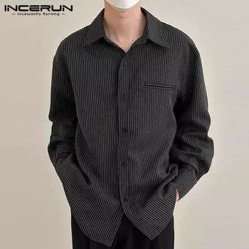 INCERUN Весенние мужские повседневные офисные рубашки в полоску с длинным рукавом