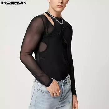 INCERUN Весенние мужские прозрачные черные узкие комбинезоны для вечеринок M чёрный