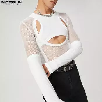 INCERUN Весенние мужские прозрачные топы из сетчатой пряжи Slim Fit 2XL