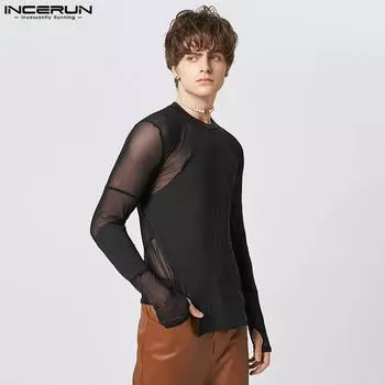 INCERUN Весенние мужские прозрачные топы в стиле пэчворк с длинными рукавами