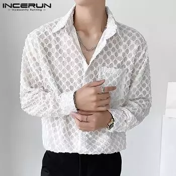 INCERUN Весенние мужские рубашки из сетчатой ткани на пуговицах Клубная одежда 4XL чёрный