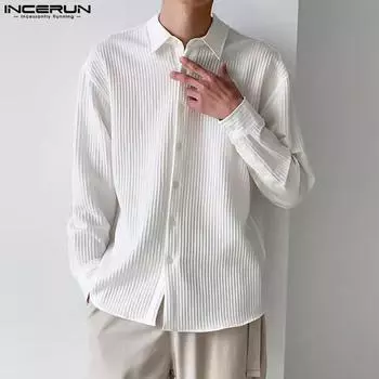 INCERUN Весенние мужские рубашки с длинным рукавом в полоску с текстурой, на пуговицах, с воротником-лацканами, повседневные топы M белый