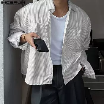 INCERUN Весенние мужские рубашки с длинным рукавом в полоску с лацканами, повседневные мешковатые топы чёрный