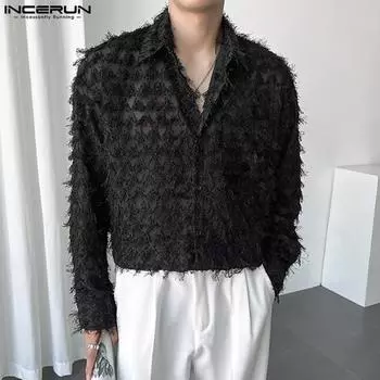 INCERUN Весенние мужские рубашки с длинными рукавами и кисточками из прозрачной сетки S чёрный