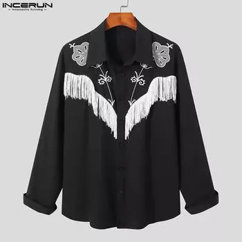 INCERUN Весенние мужские рубашки с длинными рукавами и принтом кисточек, свободные топы на пуговицах M чёрный
