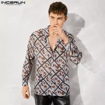 INCERUN Весенние мужские рубашки с длинными рукавами и прозрачным принтом