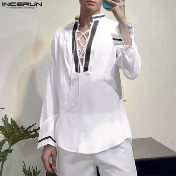 INCERUN Весенние мужские рубашки с глубоким V-образным вырезом и длинными рукавами на шнуровке