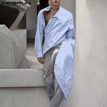 INCERUN Весенние мужские рубашки с регулируемым подолом, длинные рукава, однотонные нерегулярные повседневные топы S чёрный