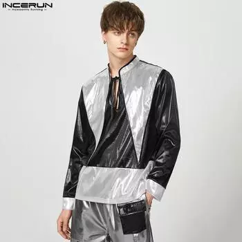 INCERUN Весенние мужские рубашки с воротником-кроликом, топы с завязками контрастного цвета