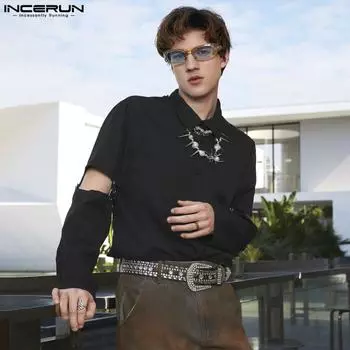 INCERUN Весенние мужские рубашки с воротником-лацканами и пуговицами, вырезами на рукавах XL чёрный