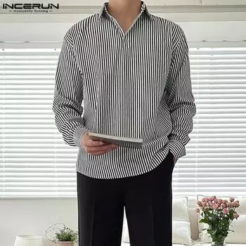 INCERUN Весенние мужские рубашки в полоску с длинными рукавами