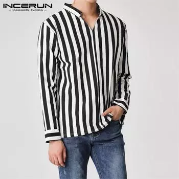 INCERUN Весенние мужские рубашки в полоску, свободные