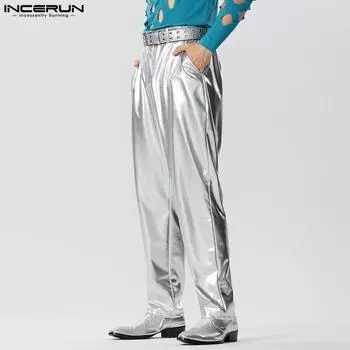 INCERUN Весенние мужские серебристые прямые свободные блестящие брюки макси S серебряный