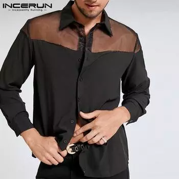 INCERUN Весенние мужские сетчатые лоскутные рубашки с лацканами и прозрачными длинными рукавами