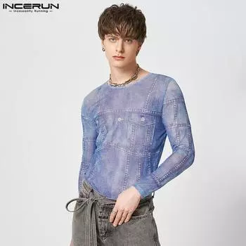INCERUN Весенние мужские синие прозрачные тонкие топы