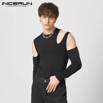 INCERUN Весенние мужские стильные облегающие топы с открытыми плечами и вырезами