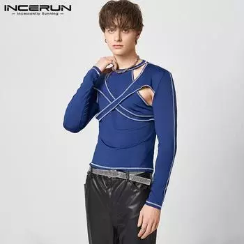 INCERUN Весенние мужские стильные облегающие топы с длинными рукавами и вырезами