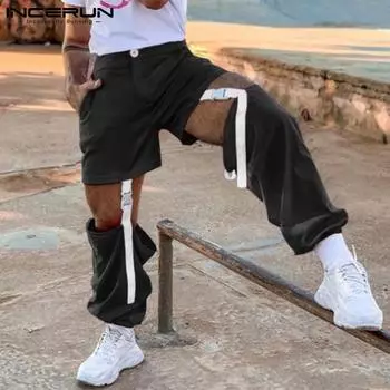INCERUN Весенние мужские свободные длинные брюки-карго с эластичной талией в стиле хип-хоп