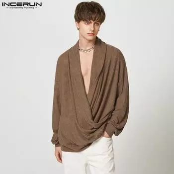 INCERUN Весенние мужские свободные праздничные удобные топы с глубоким вырезом и длинными рукавами