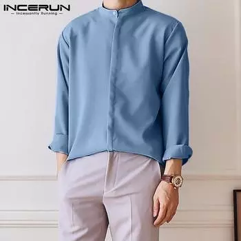 INCERUN Весенние мужские свободные рубашки на пуговицах с длинными рукавами S чёрный