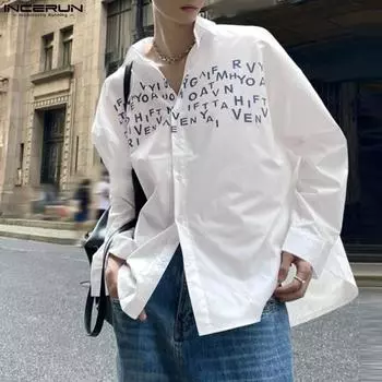 INCERUN Весенние мужские свободные рубашки с длинными рукавами и принтом