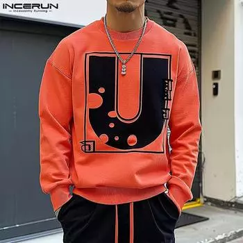 INCERUN Весенние мужские свободные свитера с круглым вырезом и длинным рукавом с принтом S темно-синий