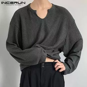 INCERUN Весенние мужские свободные топы с V-образным вырезом и длинными рукавами S чёрный