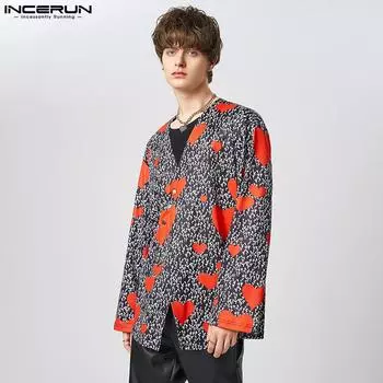 INCERUN Весенние мужские тонкие пальто с длинными рукавами и принтом, топы