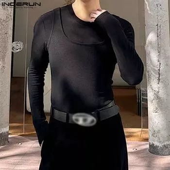 INCERUN Весенние мужские топы из двух частей с круглым вырезом и длинными рукавами