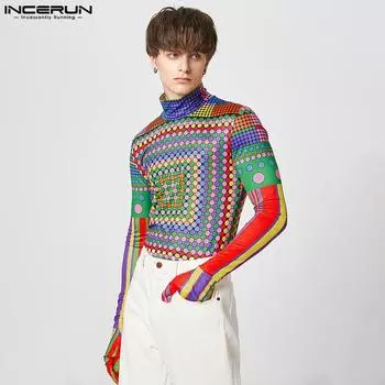 INCERUN Весенние мужские топы с длинными рукавами в горошек и принтом с высоким воротником