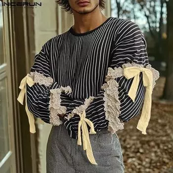 INCERUN Весенние мужские топы с круглым вырезом и полосатым принтом, кружевные футболки с длинным рукавом и вязанным крючком краем M красный