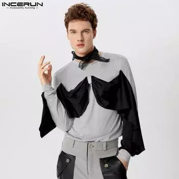 INCERUN Весенние мужские топы с круглым вырезом и большим бантом в стиле пэчворк с длинным рукавом, повседневные майки XL бежевый