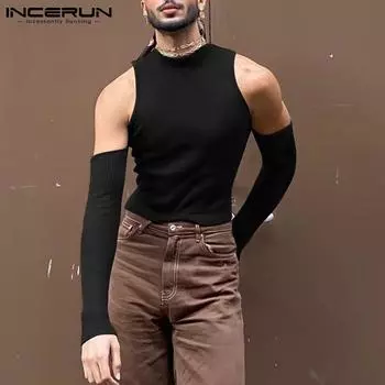 INCERUN Весенние мужские топы с открытыми плечами и длинными рукавами, облегающая вязаная клубная одежда 4XL кофейный