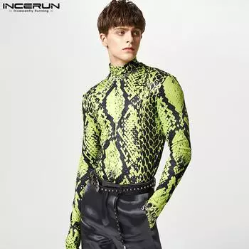 INCERUN Весенние мужские топы с высоким воротником и принтом в перчатках