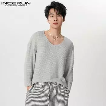 INCERUN Весенние мужские вафельные топы с длинным рукавом и V-образным вырезом, свободные пуловеры S чёрный