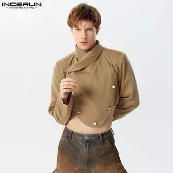 INCERUN Весенние мужские водолазки с длинными рукавами, нерегулярные короткие укороченные топы