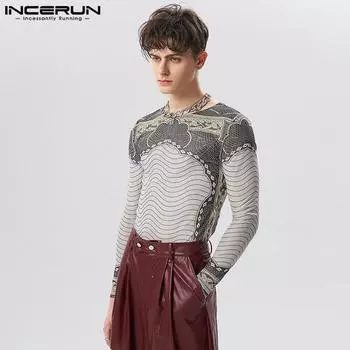 INCERUN Весенние мужские вязаные узкие рубашки в стиле ретро с тотемом, топ с длинными рукавами