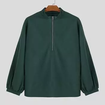 INCERUN Весенние свободные мужские рубашки со стоячим воротником и длинным рукавом на молнии, однотонные повседневные рубашки