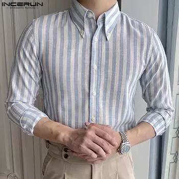 INCERUN Весенние тонкие мужские офисные рубашки в полоску с длинными рукавами