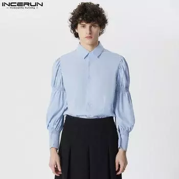 INCERUN Весенние винтажные мужские рубашки на пуговицах, повседневные топы с расклешенными рукавами 2XL белый