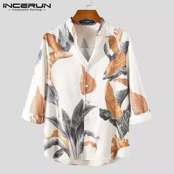 INCERUN Весенние винтажные мужские рубашки с длинными рукавами и цветочным принтом S белый
