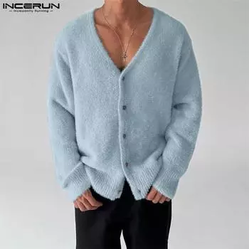 INCERUN Весенний мужской кардиган с V-образным вырезом и длинным рукавом, пушистый, вязаный, с пуговицами S чёрный