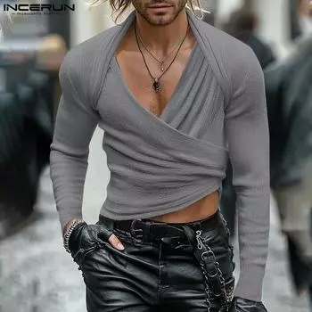 INCERUN Весенний мужской трикотажный пуловер с V-образным вырезом и длинными рукавами спереди, облегающий топ 4XL чёрный